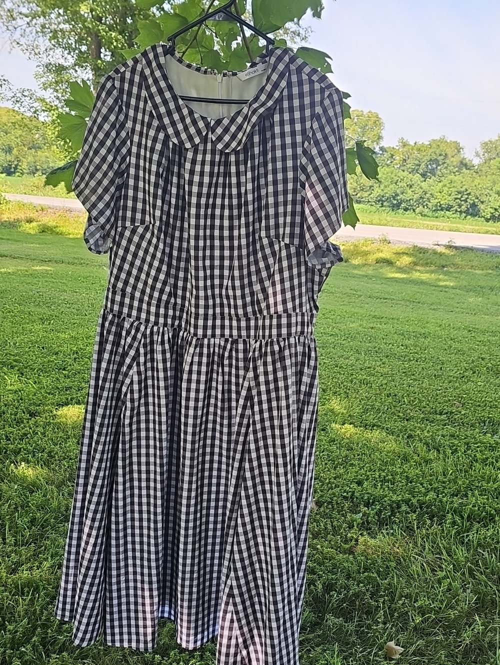 eshakti Black and White Gingham Puff-Sleeve Kids Dress